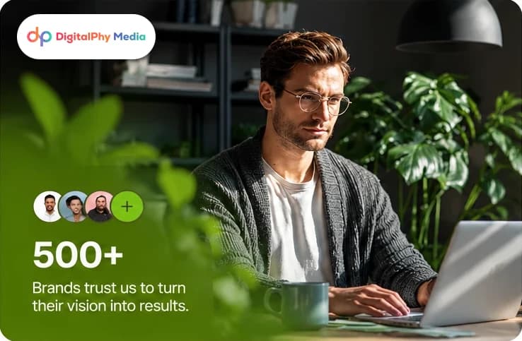 Digitalphy Media: 500+ brands trust us to turn their vision into results — strategist working on a laptop in a plant-filled studio