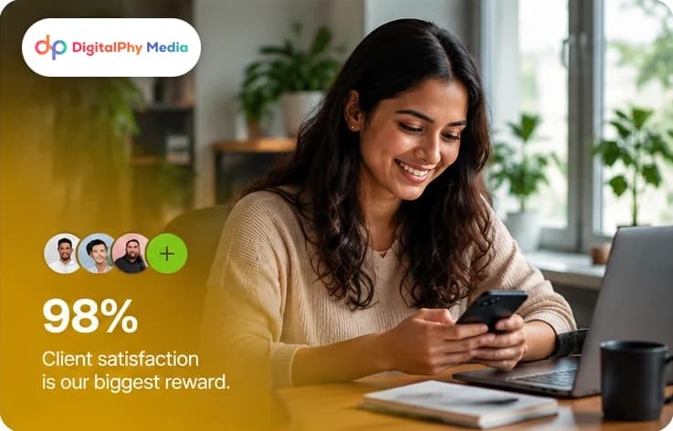 Digitalphy Media: 98% client satisfaction is our biggest reward — client smiling at her phone beside a laptop