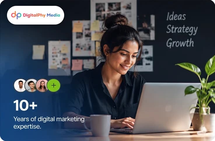 Digitalphy Media: 10+ years of digital marketing expertise — strategist at a laptop in front of an ideas, strategy and growth board