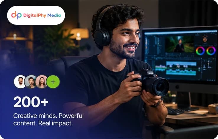 Digitalphy Media: 200+ creative minds, powerful content, real impact — content creator with a camera at an editing desk